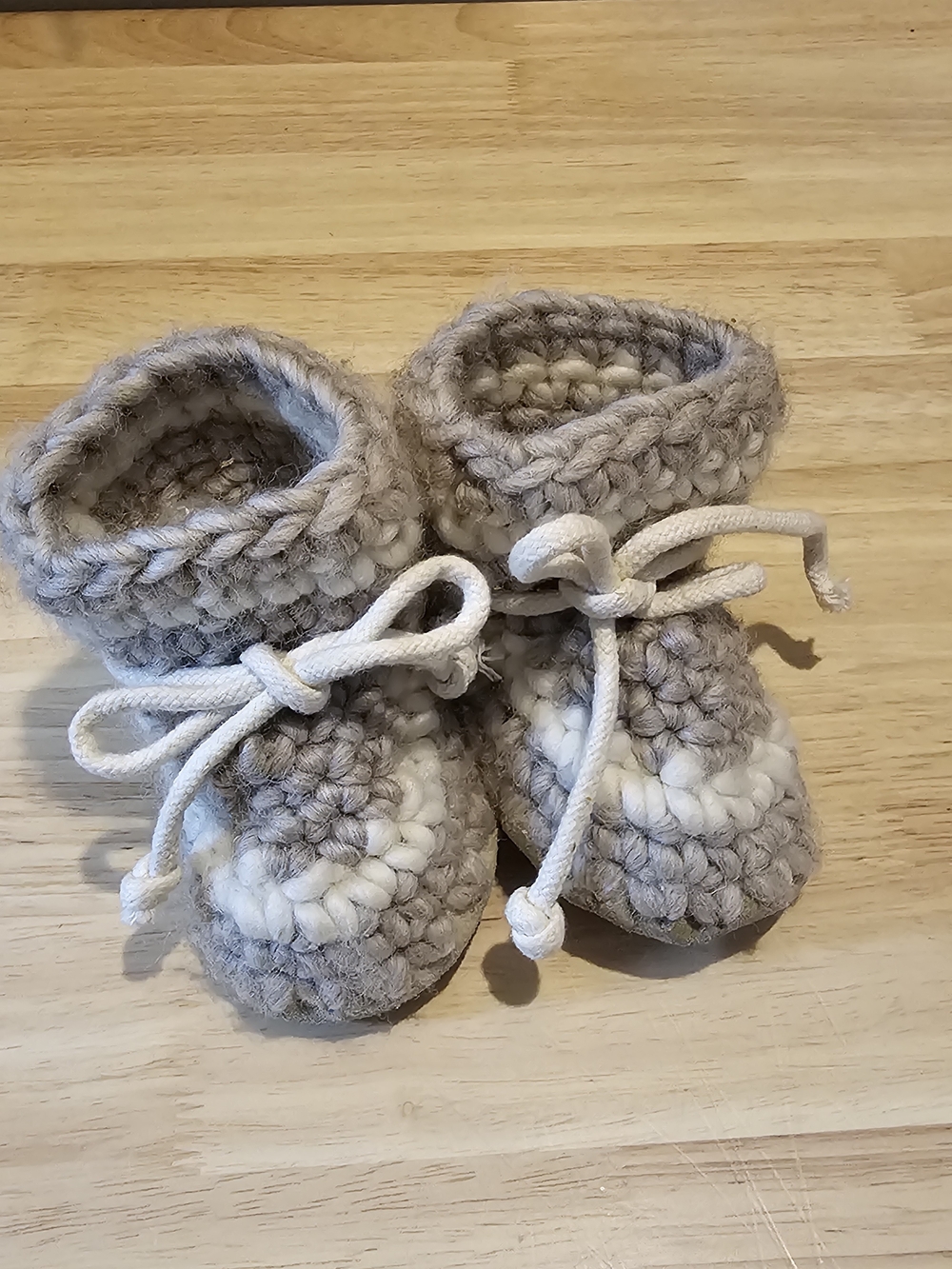 Handcrafted COWICHAN Taupe & Cream Crochet Baby Moccasins with Ties